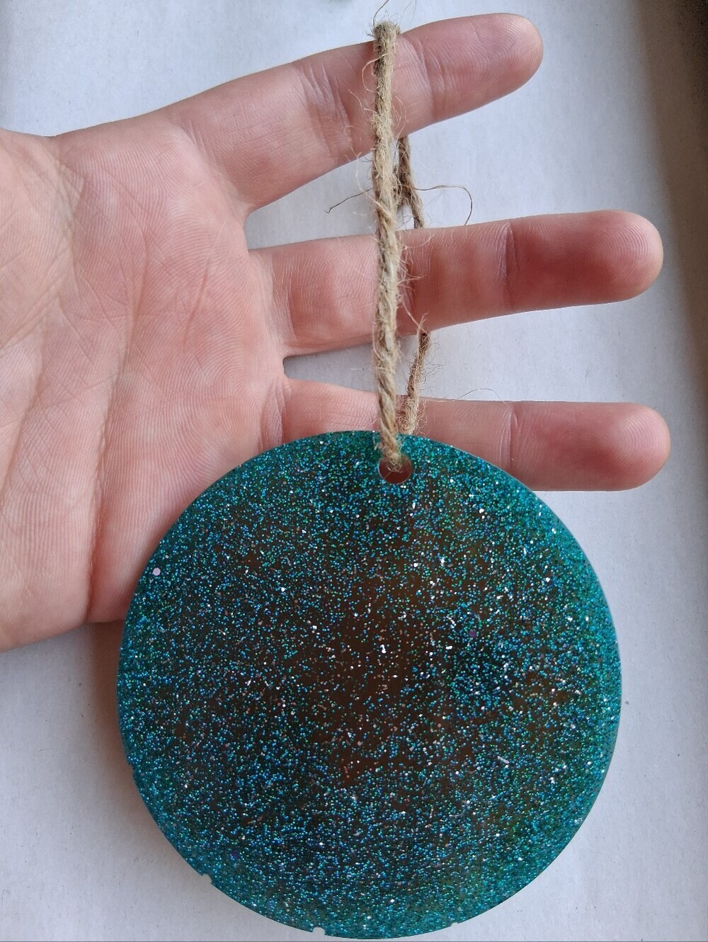 Hand Crafted Teal Glitter Round Hanging Ornament